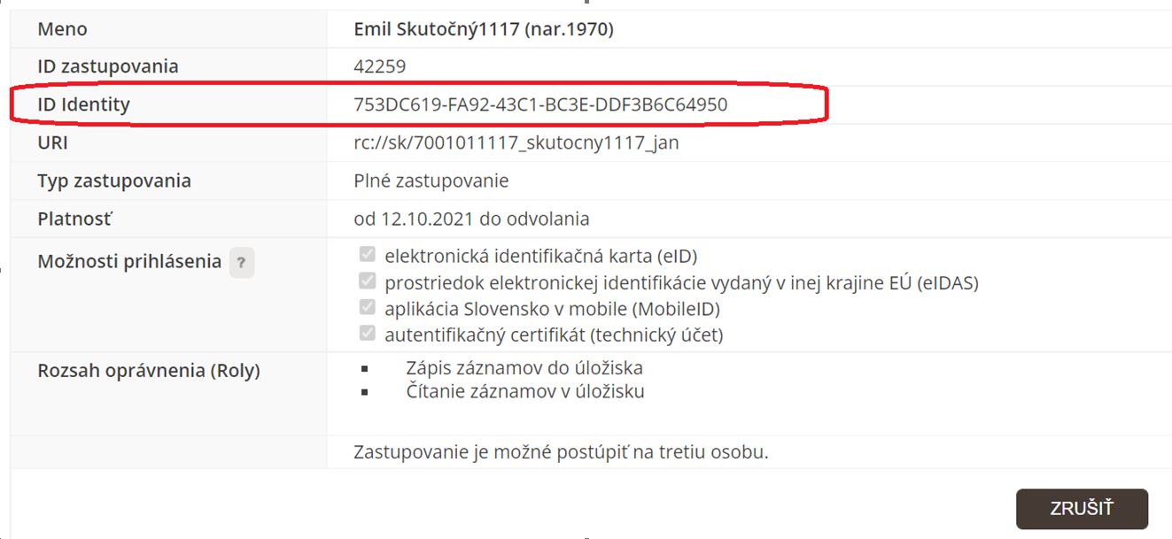 Obr. 1 - Screenshot z profilu identitu s informáciou ID Identity