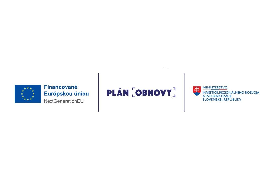 Logo EÚ so sprievodnýcm textom Financované Európskou úniou, logo projektu Plán obnovy a logo Ministerstva investícií, regionálneho rozvoja a informatizácie SR.