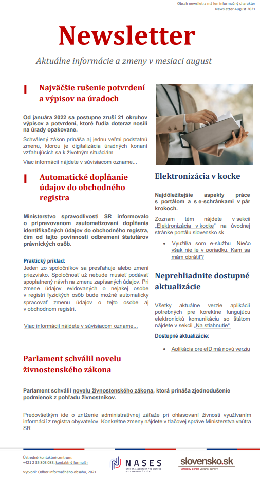 Obrázok je ilustračným zobrazením aktuálnych tém pre používateľov portálu slovensko.sk. Obsahuje informácie o novele živnostenského zákona, rušení potvrdení na úradoch, automatizácii dopĺňania údajov do obchodného registra či o aktuálnych verziách aplikácií dostupných na portáli slovensko.sk. 