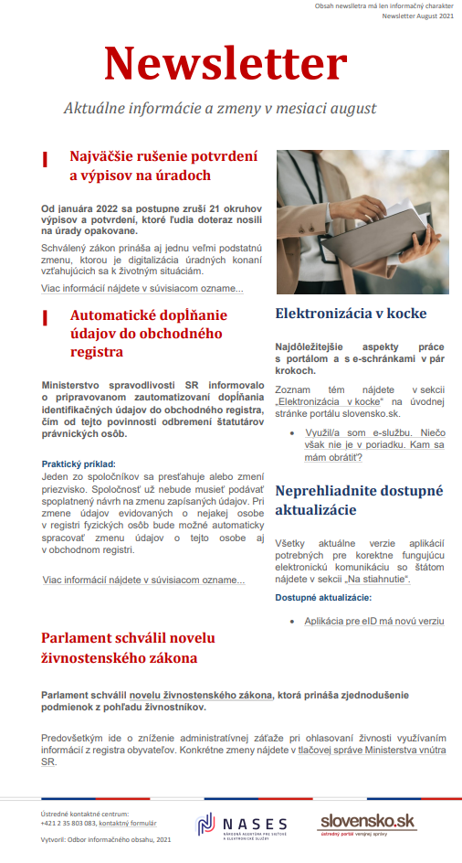 Ilustračný náhľad Prehľadu noviniek slovensko.sk Obrázok je ilustračným zobrazením aktuálnych tém pre používateľov portálu slovensko.sk. Obsahuje informácie o novele živnostenského zákona, rušení potvrdení na úradoch, automatizácii dopĺňania údajov do obchodného registra či o aktuálnych verziách aplikácií dostupných na portáli slovensko.sk.