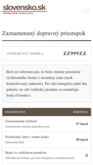 Obr. 3  Vzor zaznamenaného dopravného priestupku