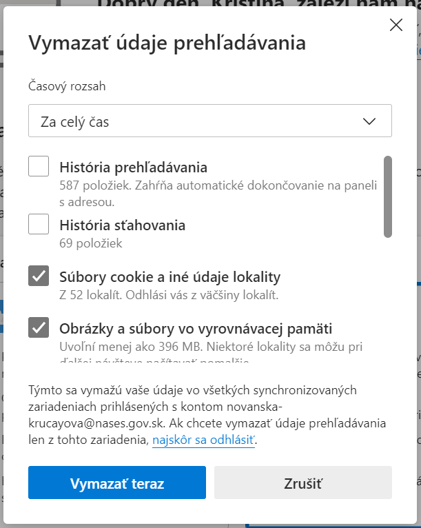 Vymazať údaje prehliadania - Microsoft Edge