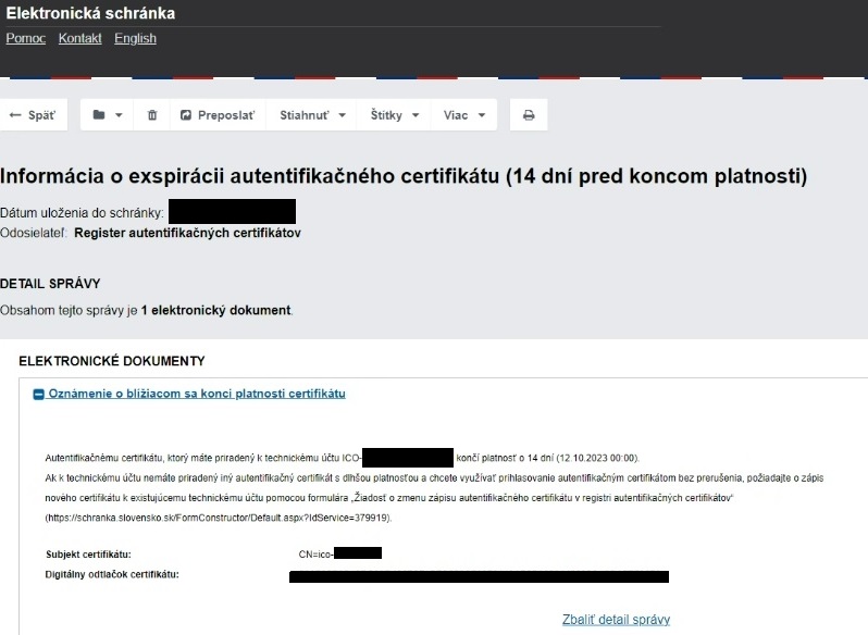 Snímka informácie k exspirácii autentifikačného certifikátu, ktorá príde do elektronickej schránky.