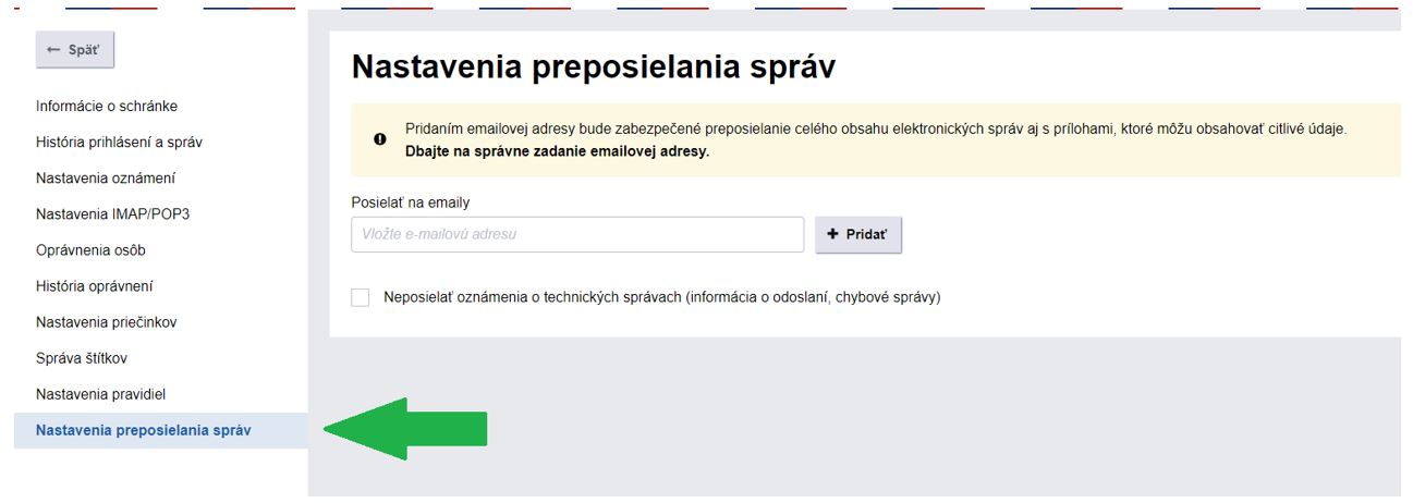 Snímka z elektronickej schránky zo sekcie Nastavenia - Nastavenia preposielania správ