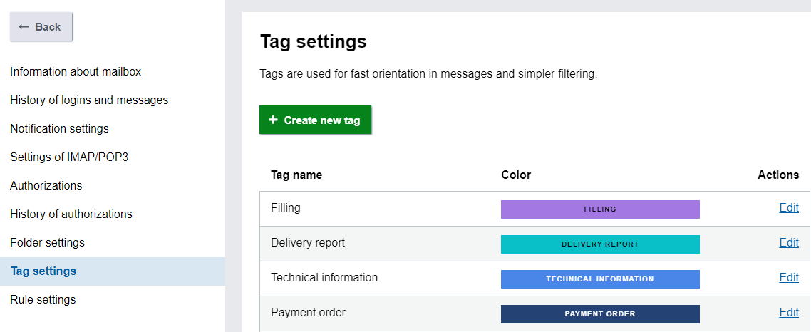 Illistrative image - Tag setting in Settings section, where you can change the colour of tag or add your customized tags