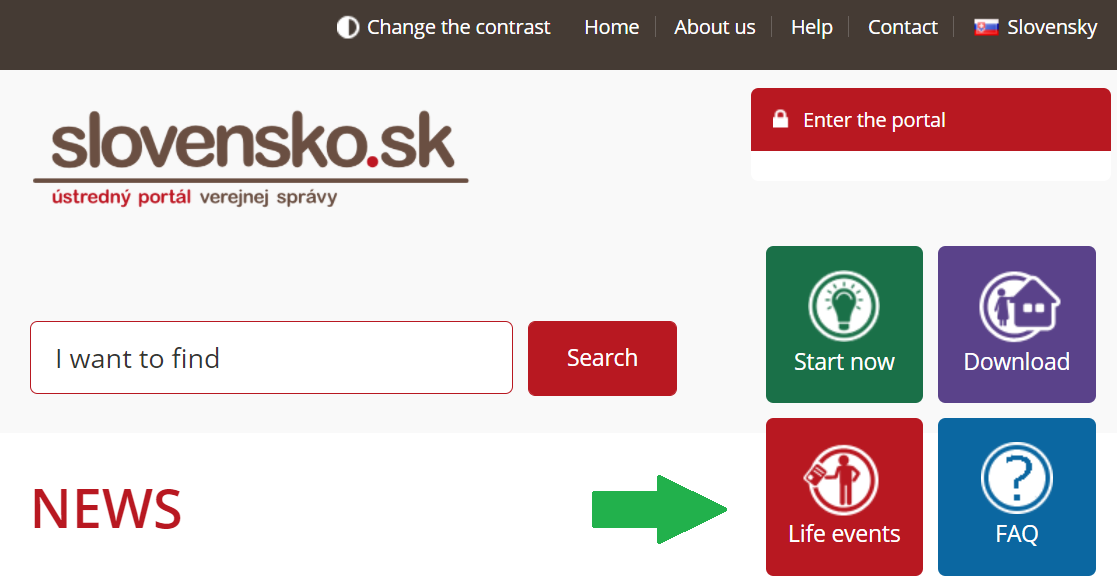 Life events on homepage of slovensko.sk portal Illustrative image -