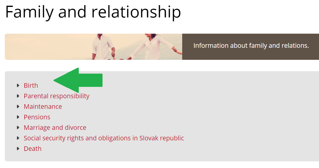 The list of information in the topi Illustrative image - the list of information included in the topic such as: Birth, Parental responsibility, Marriage...