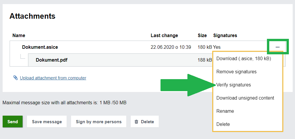 Verification of the validity of the electronic signature in the message constructor directly in the electronic mailbox via the signature detail or the three dots menu and the possibility to Verify signatures for attachments.