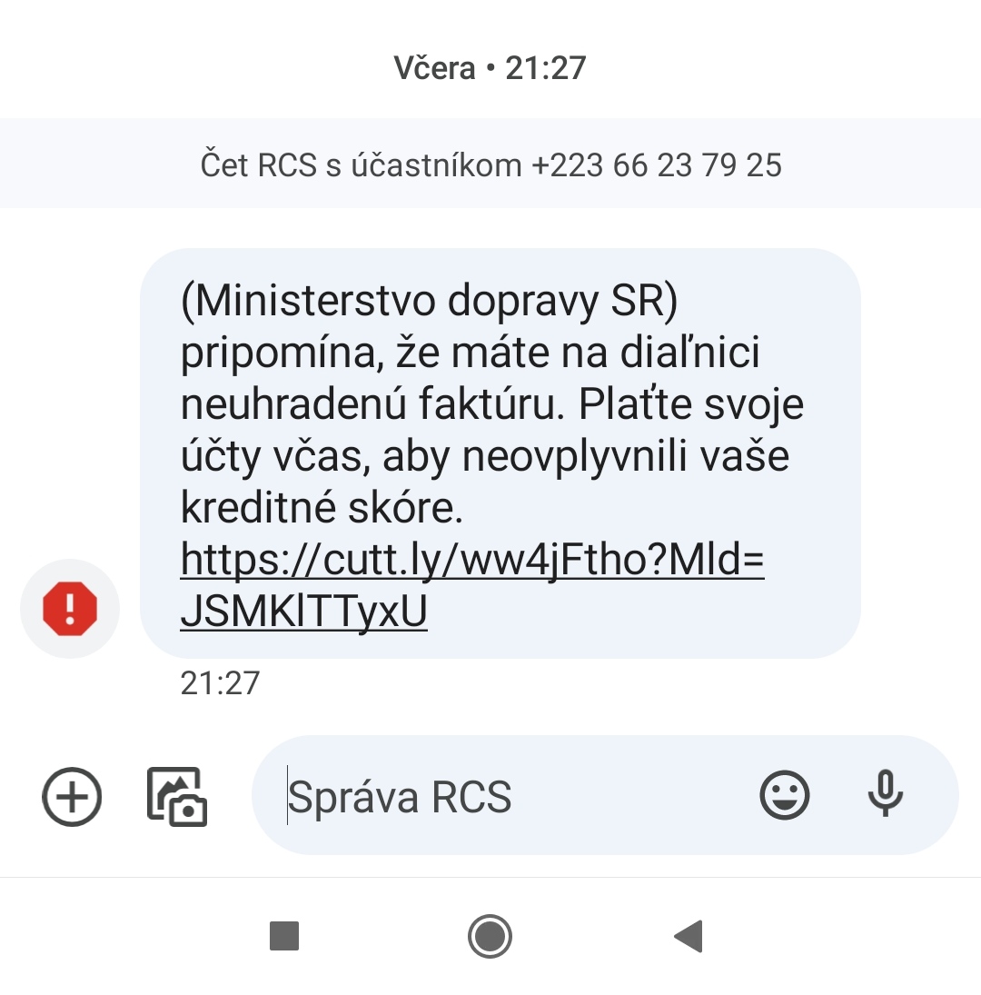 Screenshot podvodnej SMS správy.