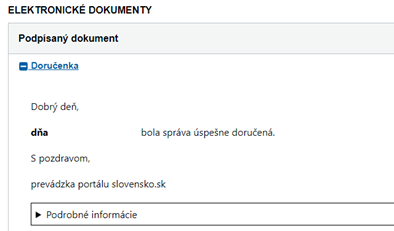 Obrázok zobrazuje potvrdenie o doručení elektronického dokumentu.