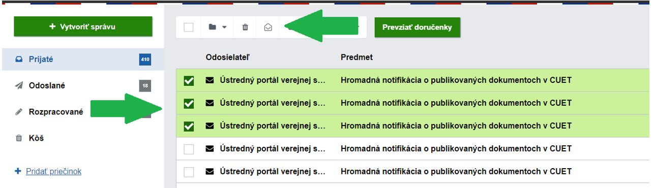 Snímka z elektronickej schránky znázorňujúca Viac a označenie správ ako prečítaných