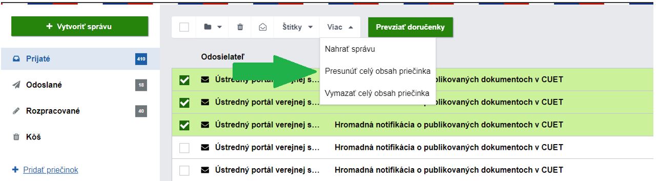 Snímka z elektronickej schránky znázorňujúca Viac a presunúť/vymazať obsah priečinka