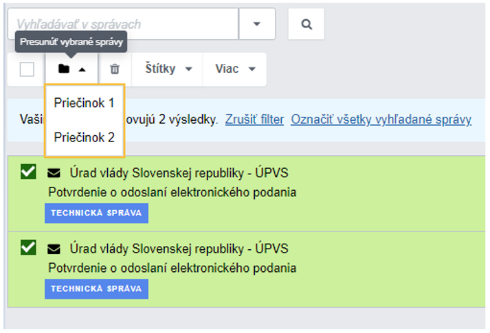 Presunutie správ do vytvorených podpriečinkov Presunutie správ do vytvorených podpriečinkov