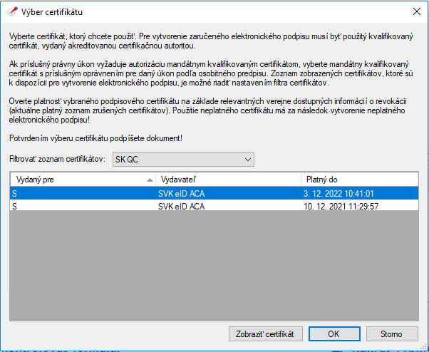Výber certifikátu