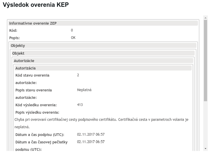 Výsledok overenia KEP - neplatný