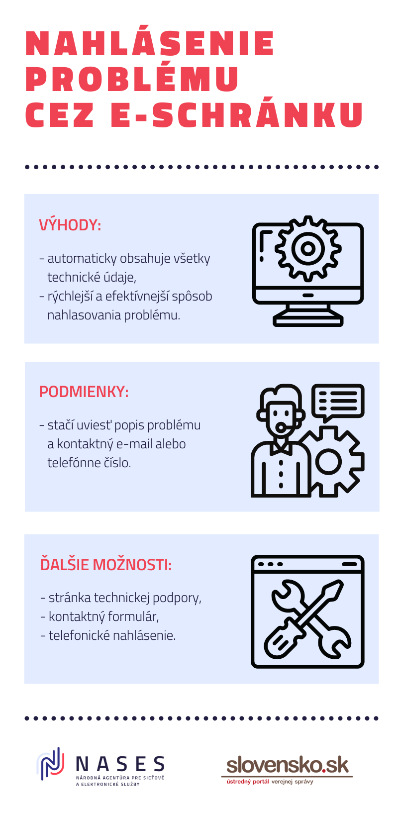 Výhodou je, že automaticky obsahuje všetky technické údaje, a preto sa problém vyrieši rýchlejšie a efektívnejšie. Stačí uviesť popis problému a kontaktné údaje. Ďalej viete využiť buď stránku technickej podpory, kontaktný formulár alebo zavolať na kontaktné centrum.