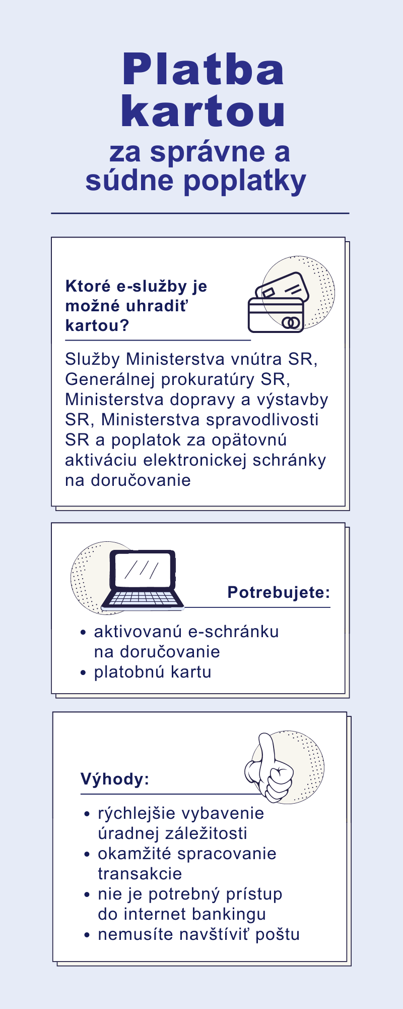 Výhody platby kartou: rýchlejšie vybavenie úradnej záležitosti, okamžité spracovanie transakcie bez nutnosti navštíviť poštu.