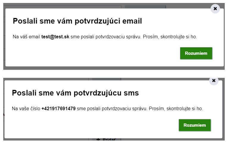 potvrdzujúci e-mail/SMS