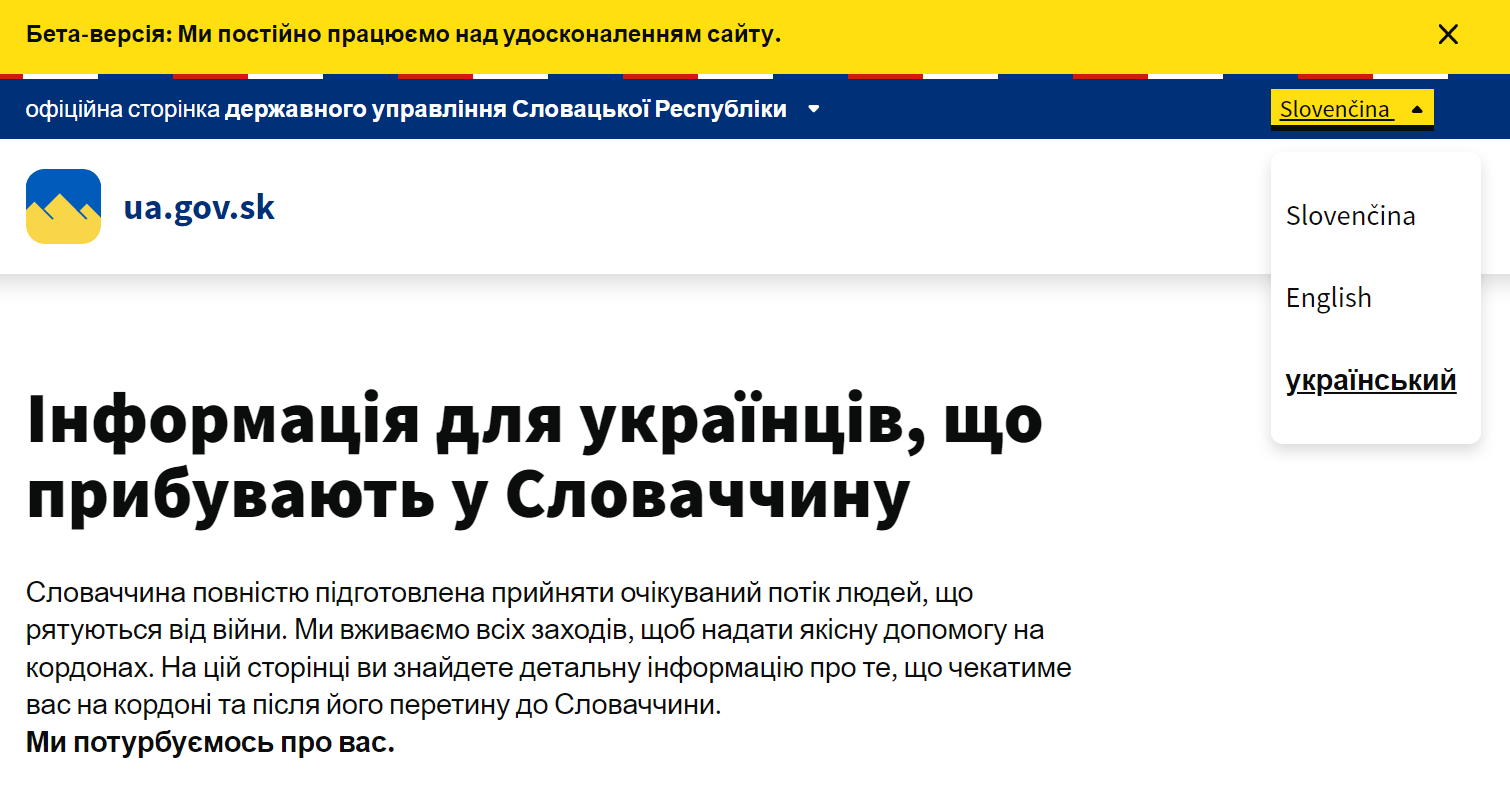Vizuál informačného webu pre osoby z Ukrajiny