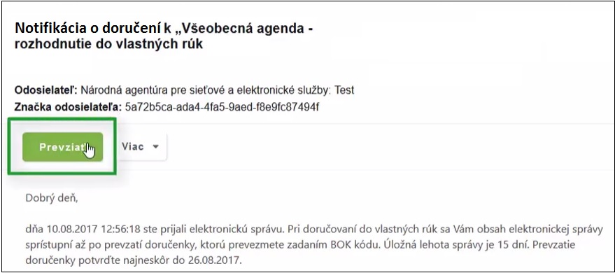 Prevzatie notifikácie o doručení Prevzatie notifikácie o doručení