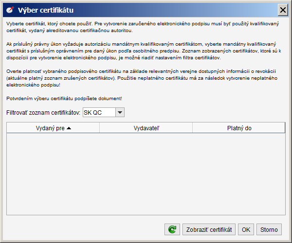 Výber certifikátu