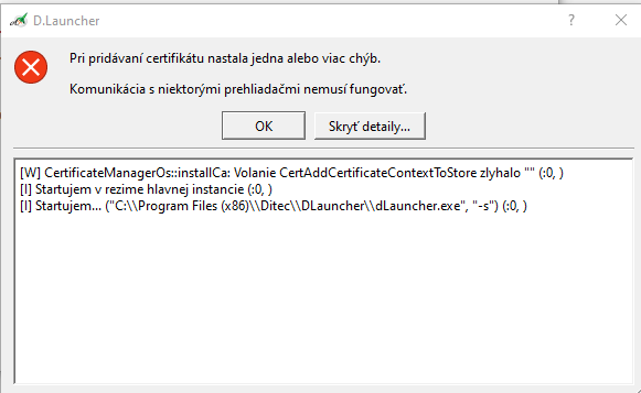 Chyba pri pridávaní certifikátu